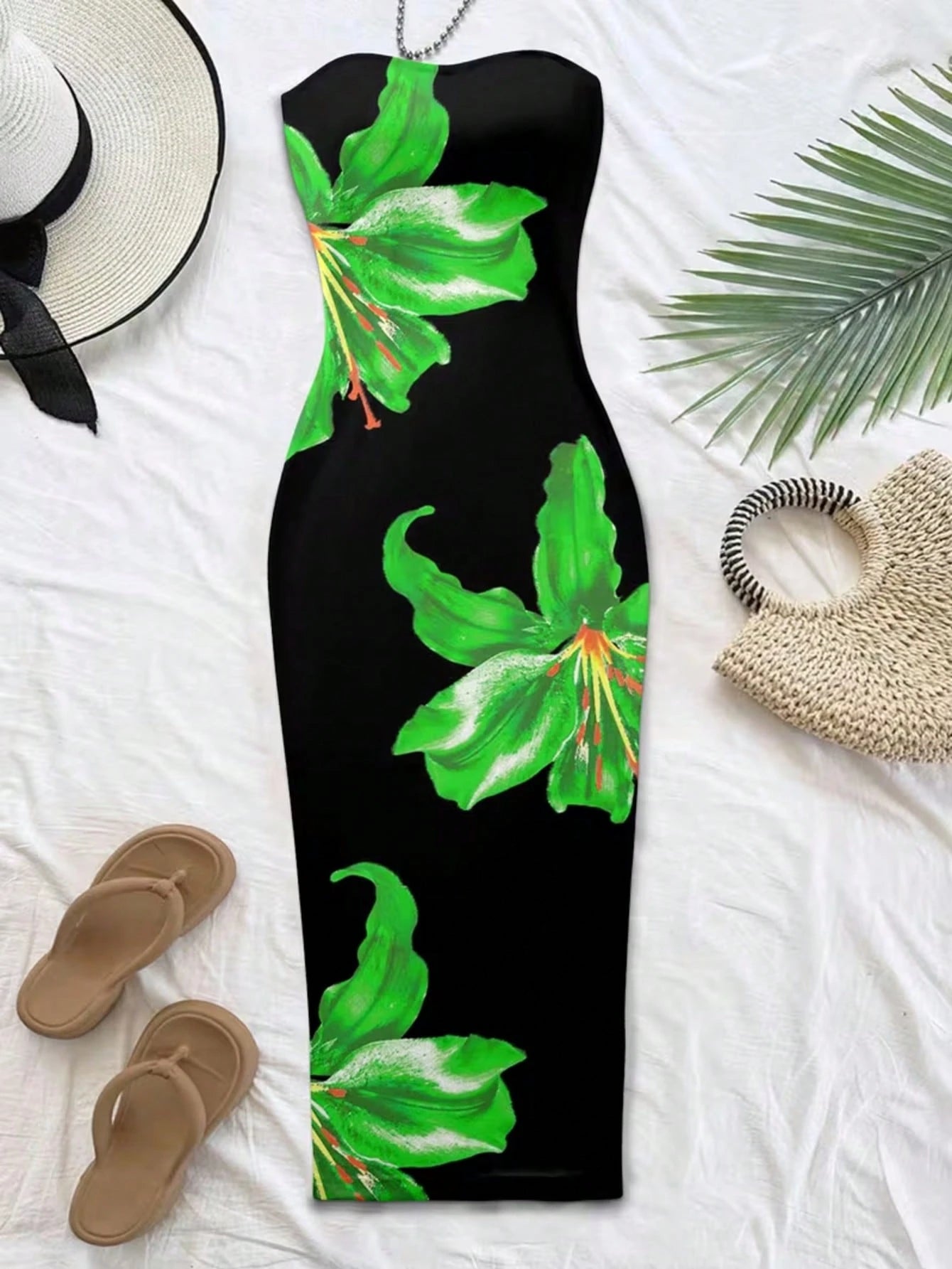 Women's Bohemian Style Long Knit Strapless Spaghetti Strap Dress, Vibrant Floral Print, Sleeveless Pencil Skirt Hem, Perfect Choice For Summer Elegant