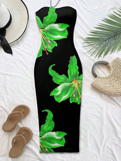 Women's Bohemian Style Long Knit Strapless Spaghetti Strap Dress, Vibrant Floral Print, Sleeveless Pencil Skirt Hem, Perfect Choice For Summer Elegant