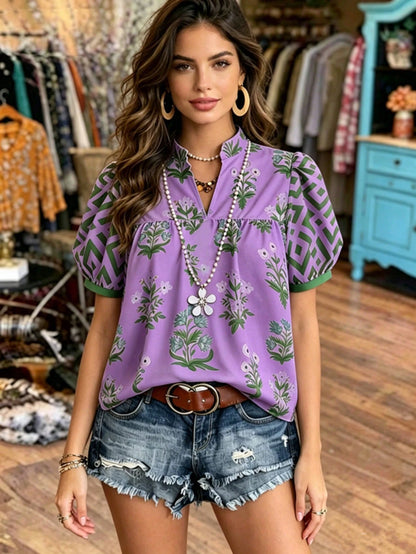Women's Bohemian Style Printed Short Sleeve Puff Sleeve Henley Collar Shirt, Regular Fit, Polyester Fabric Vacation Summer