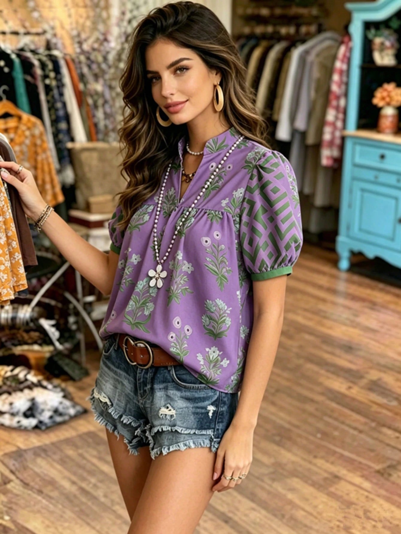 Women's Bohemian Style Printed Short Sleeve Puff Sleeve Henley Collar Shirt, Regular Fit, Polyester Fabric Vacation Summer