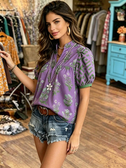 Women's Bohemian Style Printed Short Sleeve Puff Sleeve Henley Collar Shirt, Regular Fit, Polyester Fabric Vacation Summer