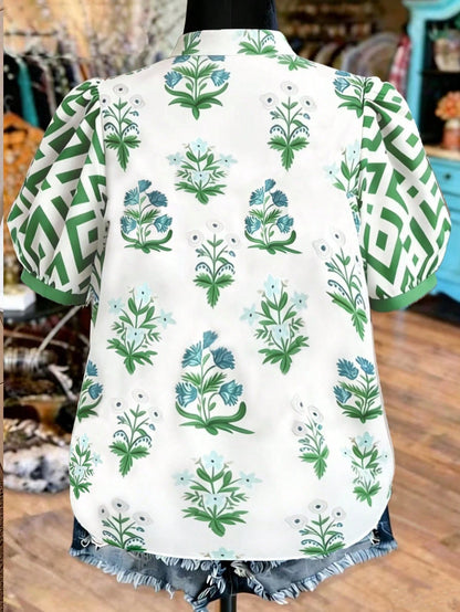 Women's Bohemian Style Printed Short Sleeve Puff Sleeve Henley Collar Shirt, Regular Fit, Polyester Fabric Vacation Summer