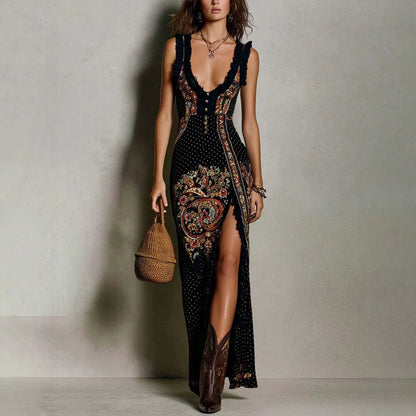 Women's Boho Chiffon Deep V Neck Long Dress With Ruffle Sleeveless Design And High Slit, Elegant Party Fitted Maxi Sundress For Summer