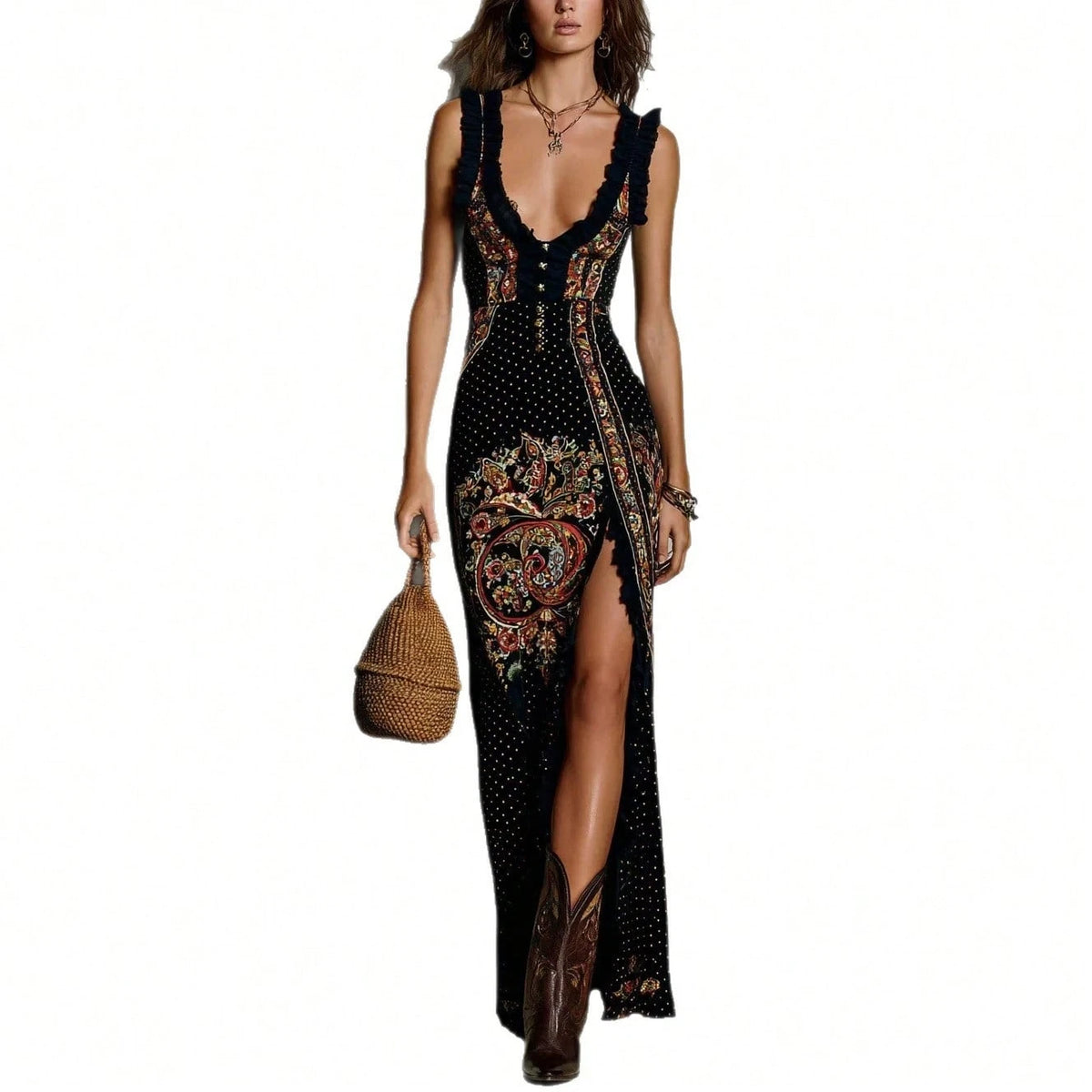 Women's Boho Chiffon Deep V Neck Long Dress With Ruffle Sleeveless Design And High Slit, Elegant Party Fitted Maxi Sundress For Summer
