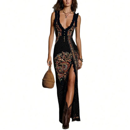 Women's Boho Chiffon Deep V Neck Long Dress With Ruffle Sleeveless Design And High Slit, Elegant Party Fitted Maxi Sundress For Summer