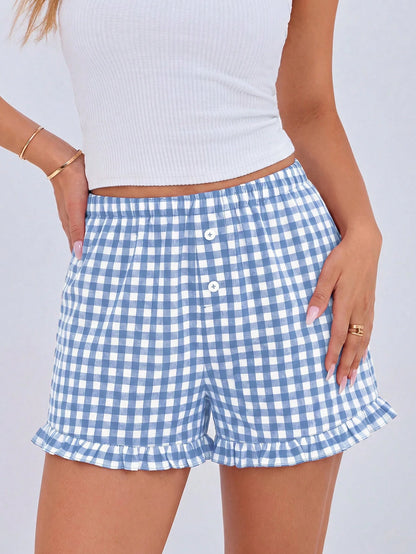 Women's Boxer Shorts Summer Dopamine Casual Home Sleeping Plaid Pj Button Front Y2K Plaid Pajama Shorts