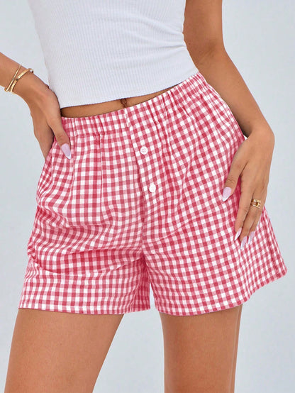 Women's Boxer Shorts Summer Dopamine Casual Home Sleeping Plaid Pj Button Front Y2K Plaid Pajama Shorts