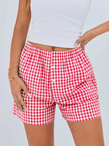 Women's Boxer Shorts Summer Dopamine Casual Home Sleeping Plaid Pj Button Front Y2K Plaid Pajama Shorts