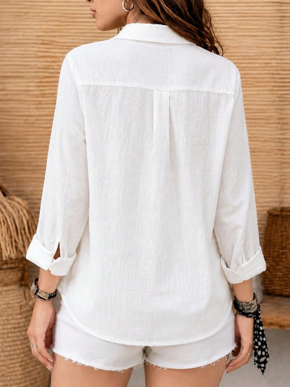 Women's Button Down Shirts Casual Long Sleeve Blouse White Linen Tops Loose Fit Collared Beach Shirts
