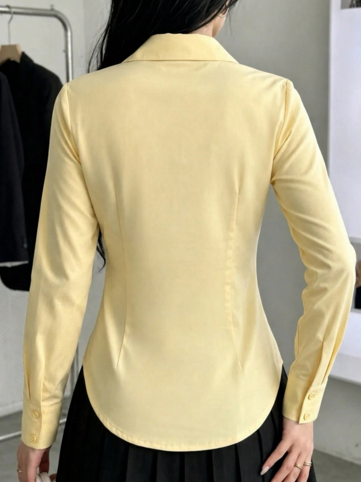 Women's Button-Up Long Sleeve Slim Fit Collar Work Shirt Business Casual Office Blouse Yellow