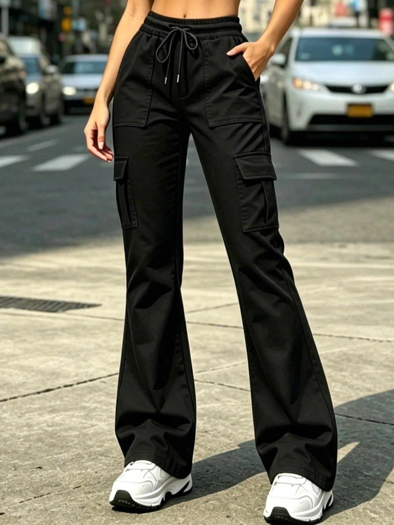 Women's Cargo Pants High Waist Straight Loose Casual Multi-Pocket, Drawstring Elastic High Waist, Loose Fit For Office Travel Casual