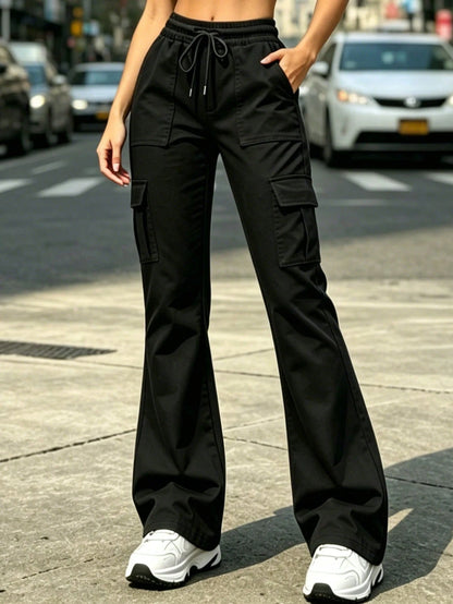 Women's Cargo Pants High Waist Straight Loose Casual Multi-Pocket, Drawstring Elastic High Waist, Loose Fit For Office Travel Casual