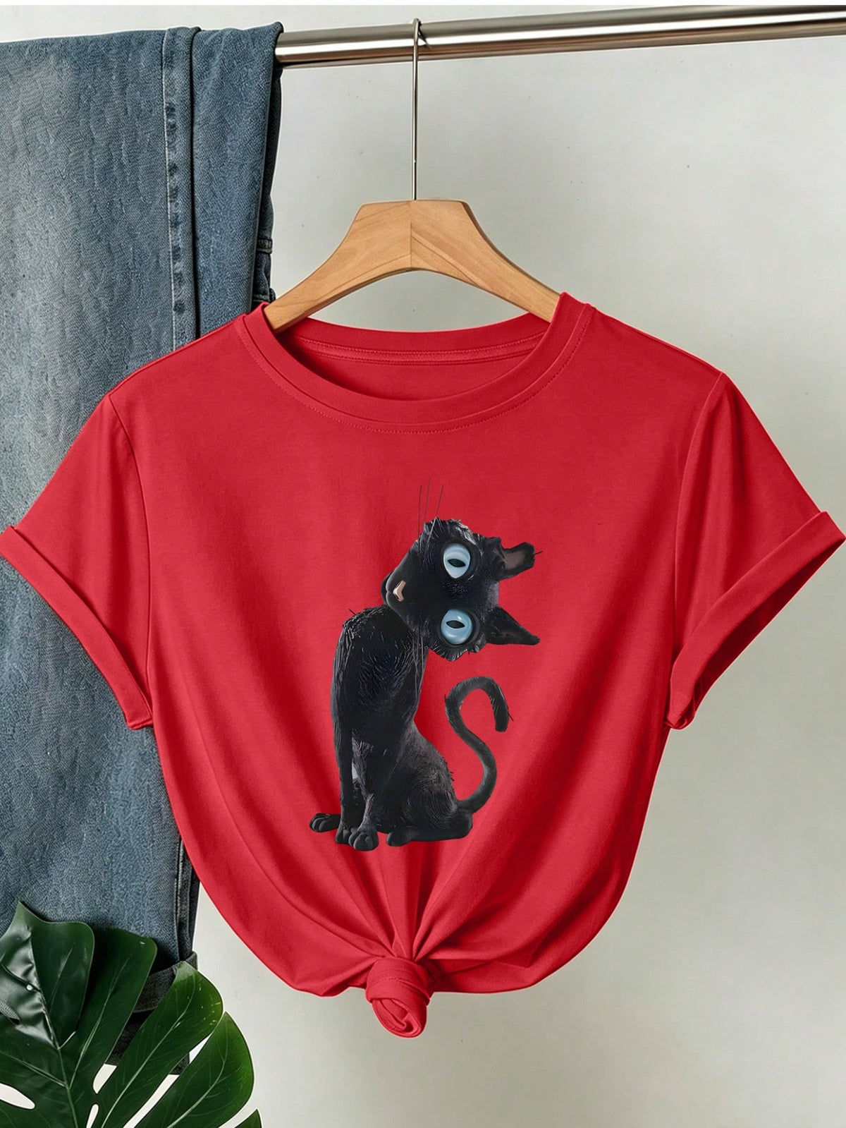 Women's Caroline Theme Printed T-Shirt- Blue Eyed Cat Pattern Top, Regular Fit, Machine Washable, All Season Fabric Casual Summer Red