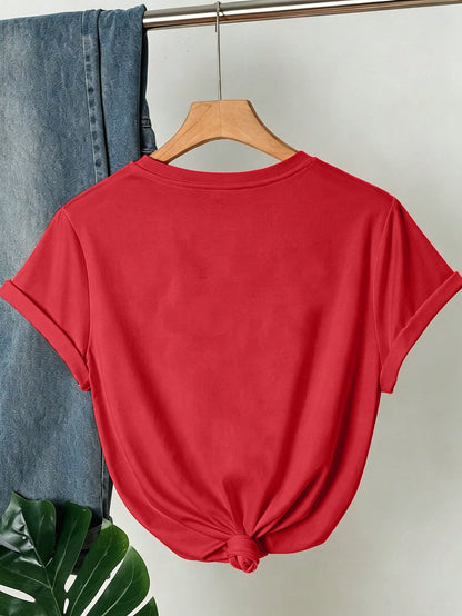 Women's Caroline Theme Printed T-Shirt- Blue Eyed Cat Pattern Top, Regular Fit, Machine Washable, All Season Fabric Casual Summer Red