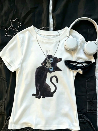 Women's Caroline Theme Printed T-Shirt- Blue Eyed Cat Pattern Top, Regular Fit, Machine Washable, All Season Fabric Casual Summer Red