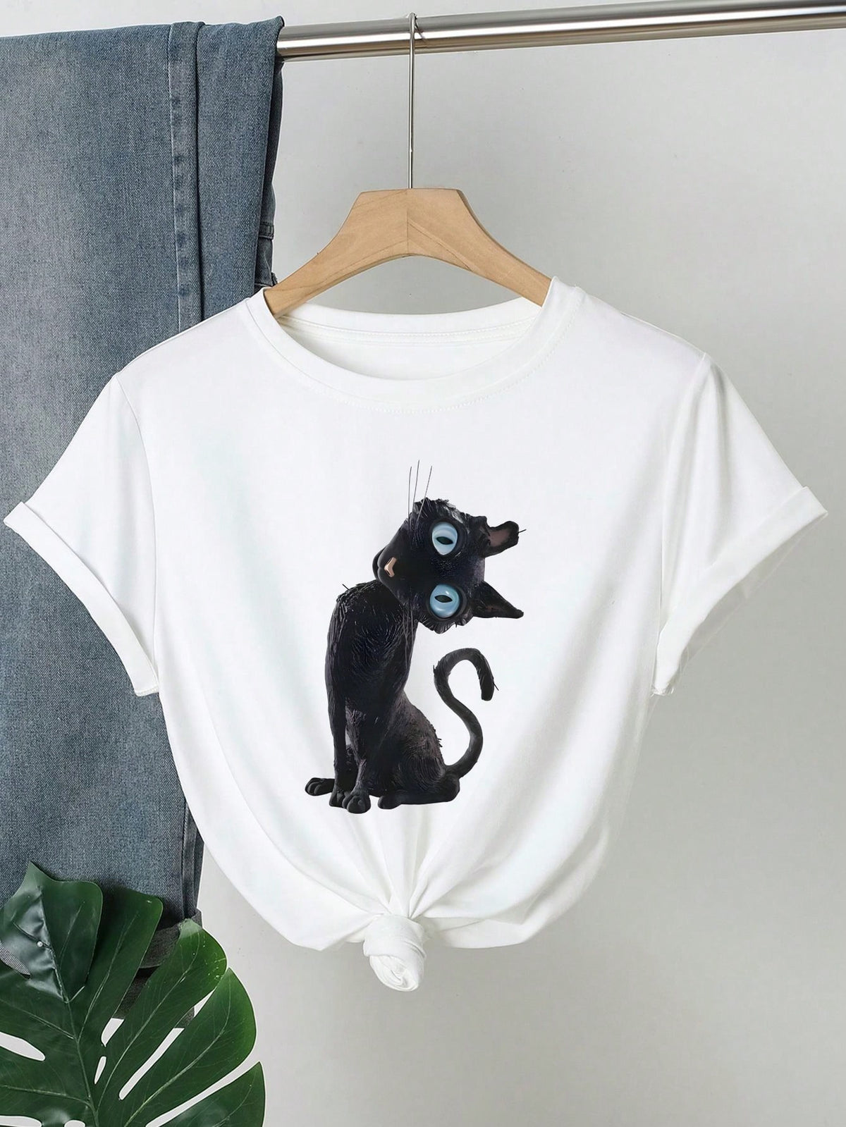 Women's Caroline Theme Printed T-Shirt- Blue Eyed Cat Pattern Top, Regular Fit, Machine Washable, All Season Fabric Casual Summer Red