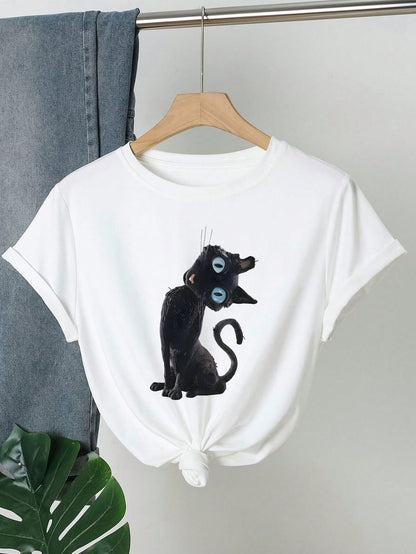 Women's Caroline Theme Printed T-Shirt- Blue Eyed Cat Pattern Top, Regular Fit, Machine Washable, All Season Fabric Casual Summer Red