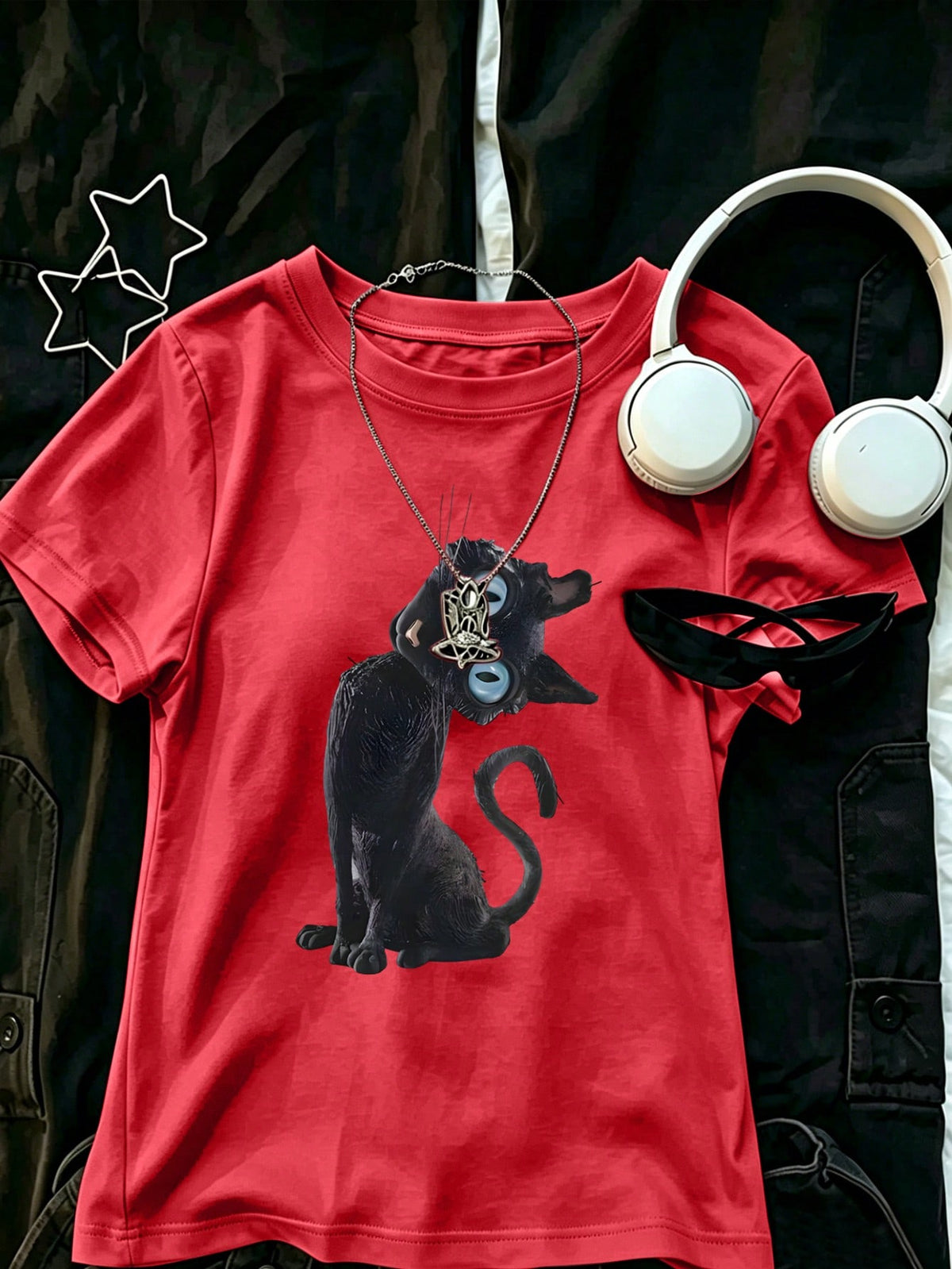 Women's Caroline Theme Printed T-Shirt- Blue Eyed Cat Pattern Top, Regular Fit, Machine Washable, All Season Fabric Casual Summer Red