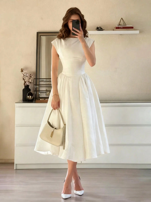 Women's Casual Elegant Vintage Romantic Long Puff Dress, Retro Waist Cinched Dress, Suitable For Wedding, Date, Outing, Romantic, Cute, French Style White Waist Cinched Dress Summer, Aesthetic
