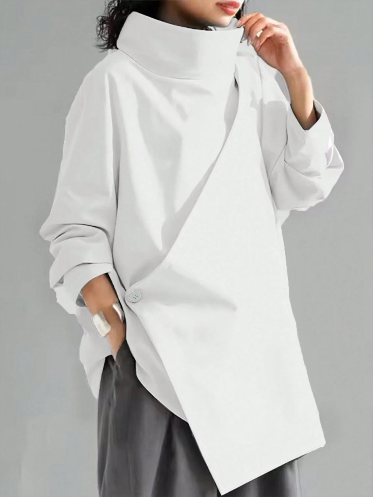 Women's Casual High Neck Loose Pullover Sweater, Solid Color Woven Fabric, Button Decor, Suitable For Office, Daily Wear, Vacation, Spring/Autumn White
