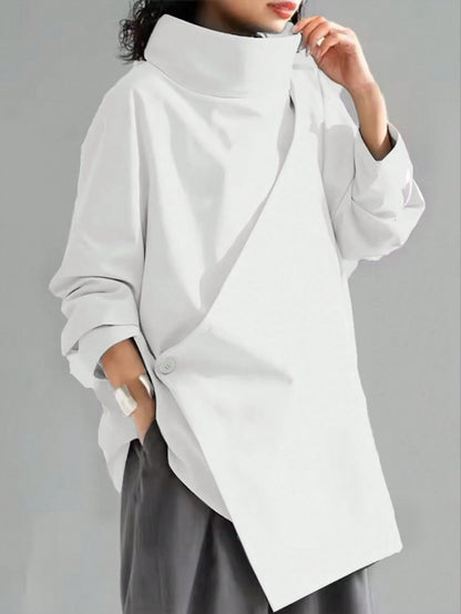 Women's Casual High Neck Loose Pullover Sweater, Solid Color Woven Fabric, Button Decor, Suitable For Office, Daily Wear, Vacation, Spring/Autumn White