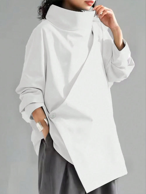Women's Casual High Neck Loose Pullover Sweater, Solid Color Woven Fabric, Button Decor, Suitable For Office, Daily Wear, Vacation, Spring/Autumn White