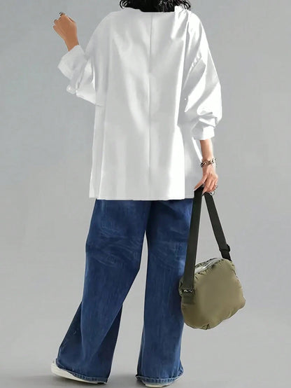 Women's Casual High Neck Loose Pullover Sweater, Solid Color Woven Fabric, Button Decor, Suitable For Office, Daily Wear, Vacation, Spring/Autumn White