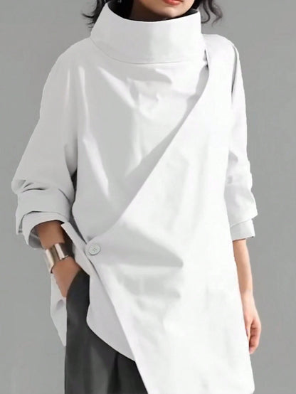 Women's Casual High Neck Loose Pullover Sweater, Solid Color Woven Fabric, Button Decor, Suitable For Office, Daily Wear, Vacation, Spring/Autumn White