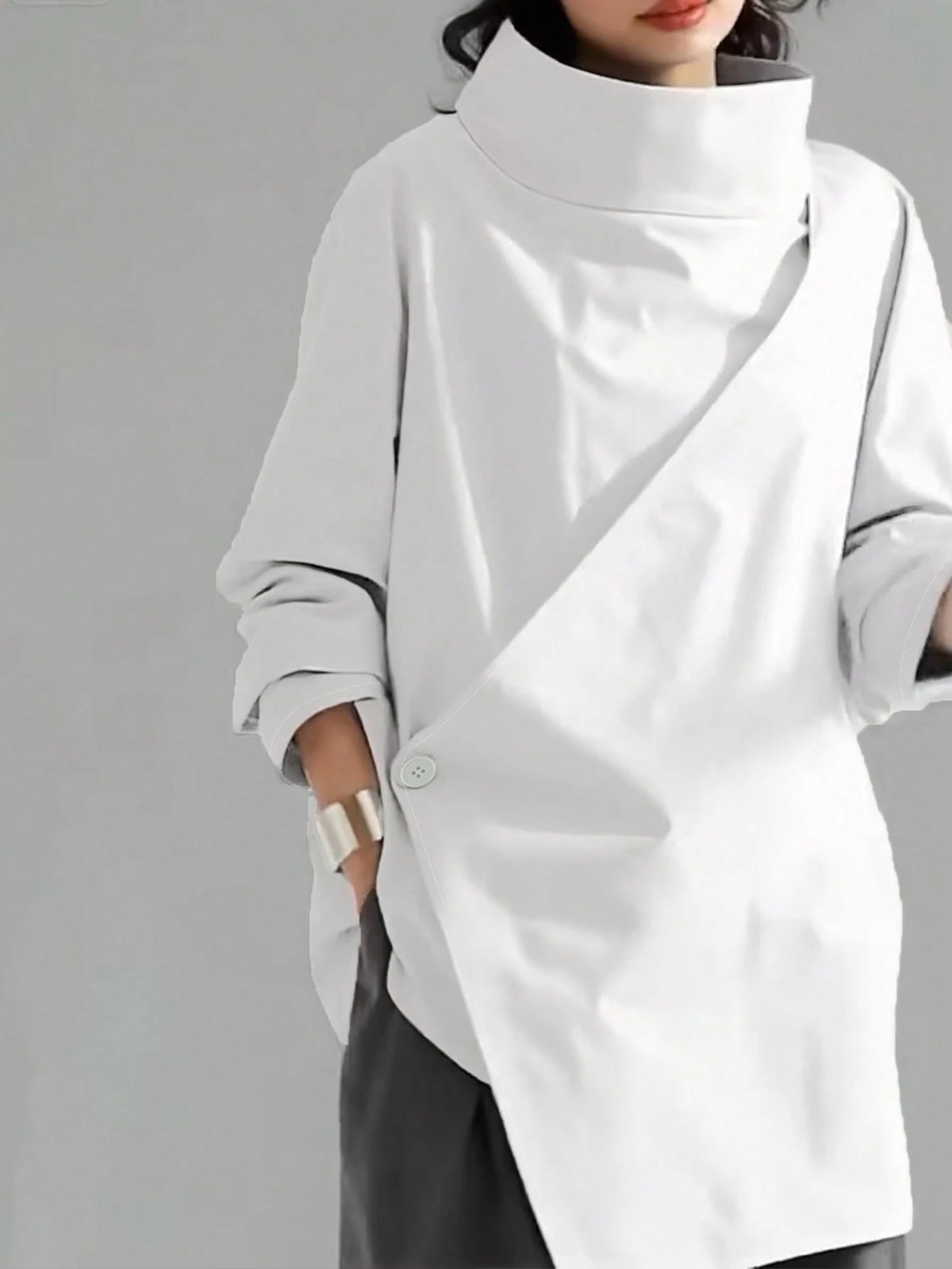 Women's Casual High Neck Loose Pullover Sweater, Solid Color Woven Fabric, Button Decor, Suitable For Office, Daily Wear, Vacation, Spring/Autumn White