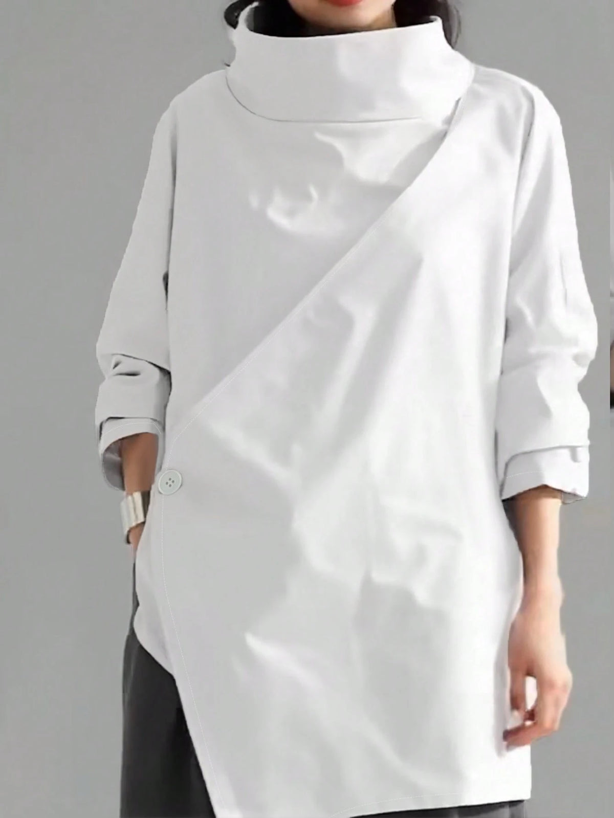 Women's Casual High Neck Loose Pullover Sweater, Solid Color Woven Fabric, Button Decor, Suitable For Office, Daily Wear, Vacation, Spring/Autumn White