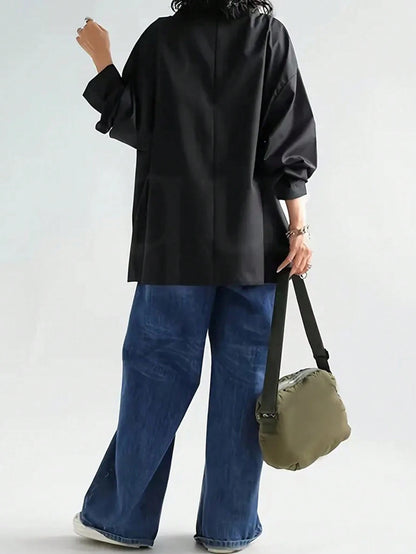 Women's Casual High Neck Loose Pullover Sweater, Solid Color Woven Fabric, Button Decor, Suitable For Office, Daily Wear, Vacation, Spring/Autumn White