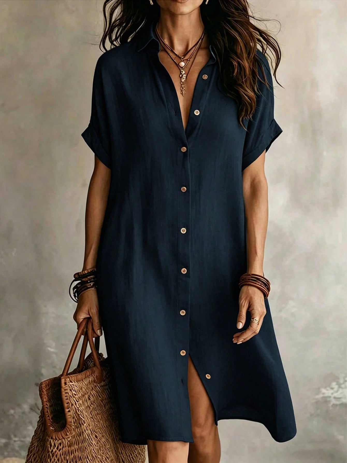Women's Casual Ivory Woven Shirt Dress, Collared Short Sleeve Front Button Design, Asymmetric Hemline, Knee Length Elegant Summer, Quiet Luxury, Work To Weekend