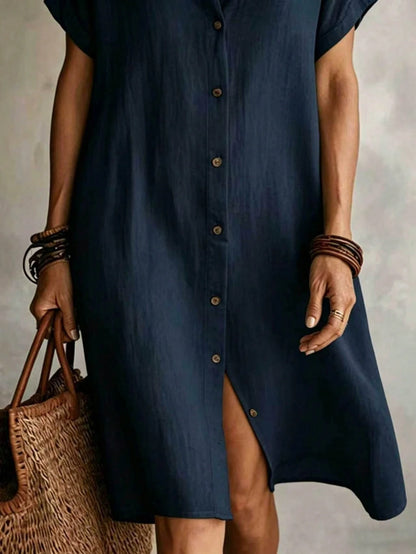 Women's Casual Ivory Woven Shirt Dress, Collared Short Sleeve Front Button Design, Asymmetric Hemline, Knee Length Elegant Summer, Quiet Luxury, Work To Weekend