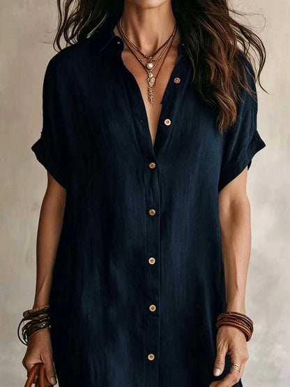 Women's Casual Ivory Woven Shirt Dress, Collared Short Sleeve Front Button Design, Asymmetric Hemline, Knee Length Elegant Summer, Quiet Luxury, Work To Weekend