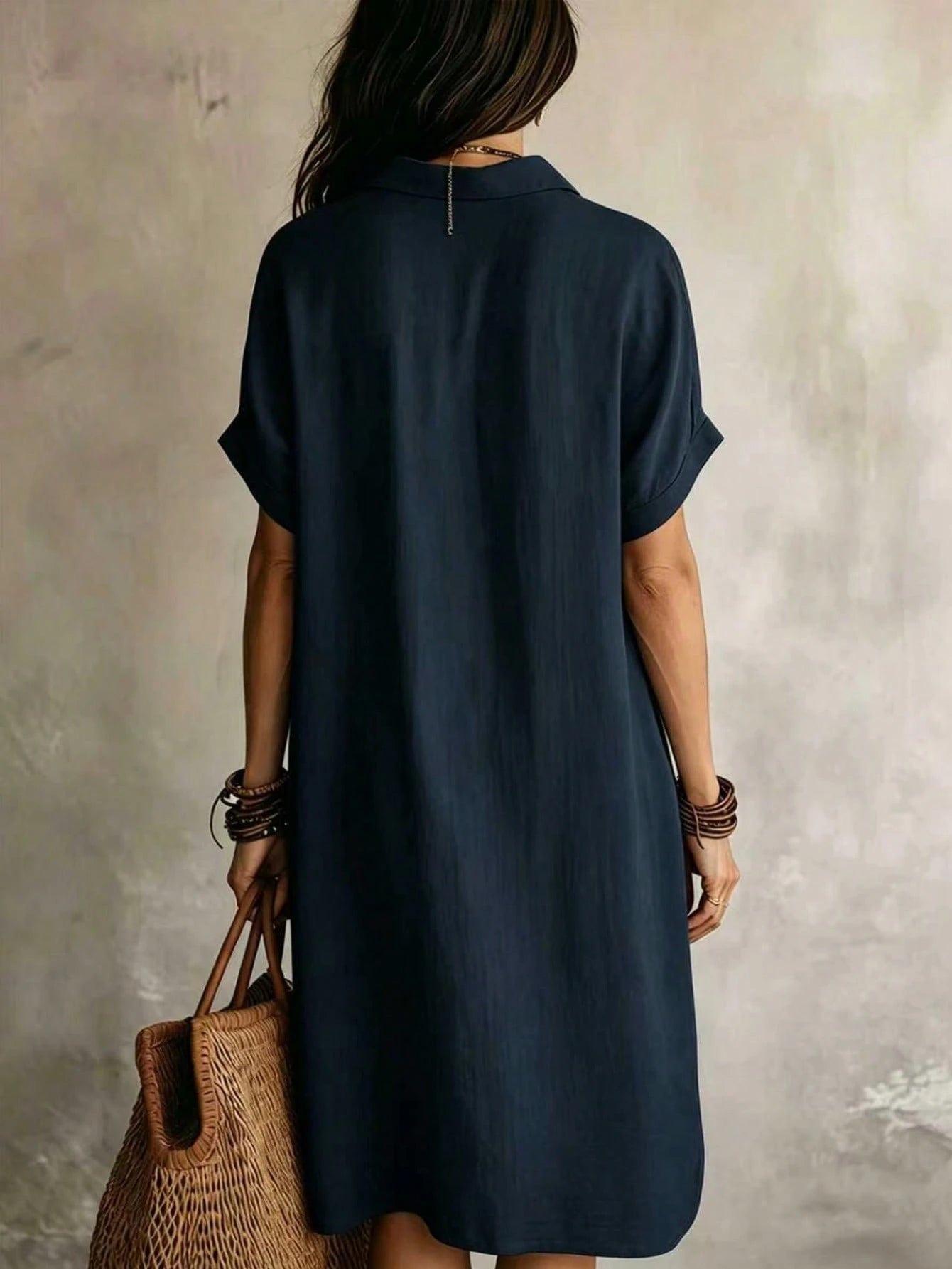 Women's Casual Ivory Woven Shirt Dress, Collared Short Sleeve Front Button Design, Asymmetric Hemline, Knee Length Elegant Summer, Quiet Luxury, Work To Weekend
