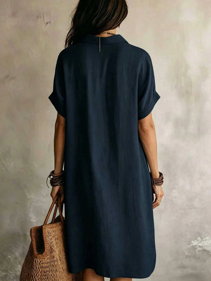 Women's Casual Ivory Woven Shirt Dress, Collared Short Sleeve Front Button Design, Asymmetric Hemline, Knee Length Elegant Summer, Quiet Luxury, Work To Weekend