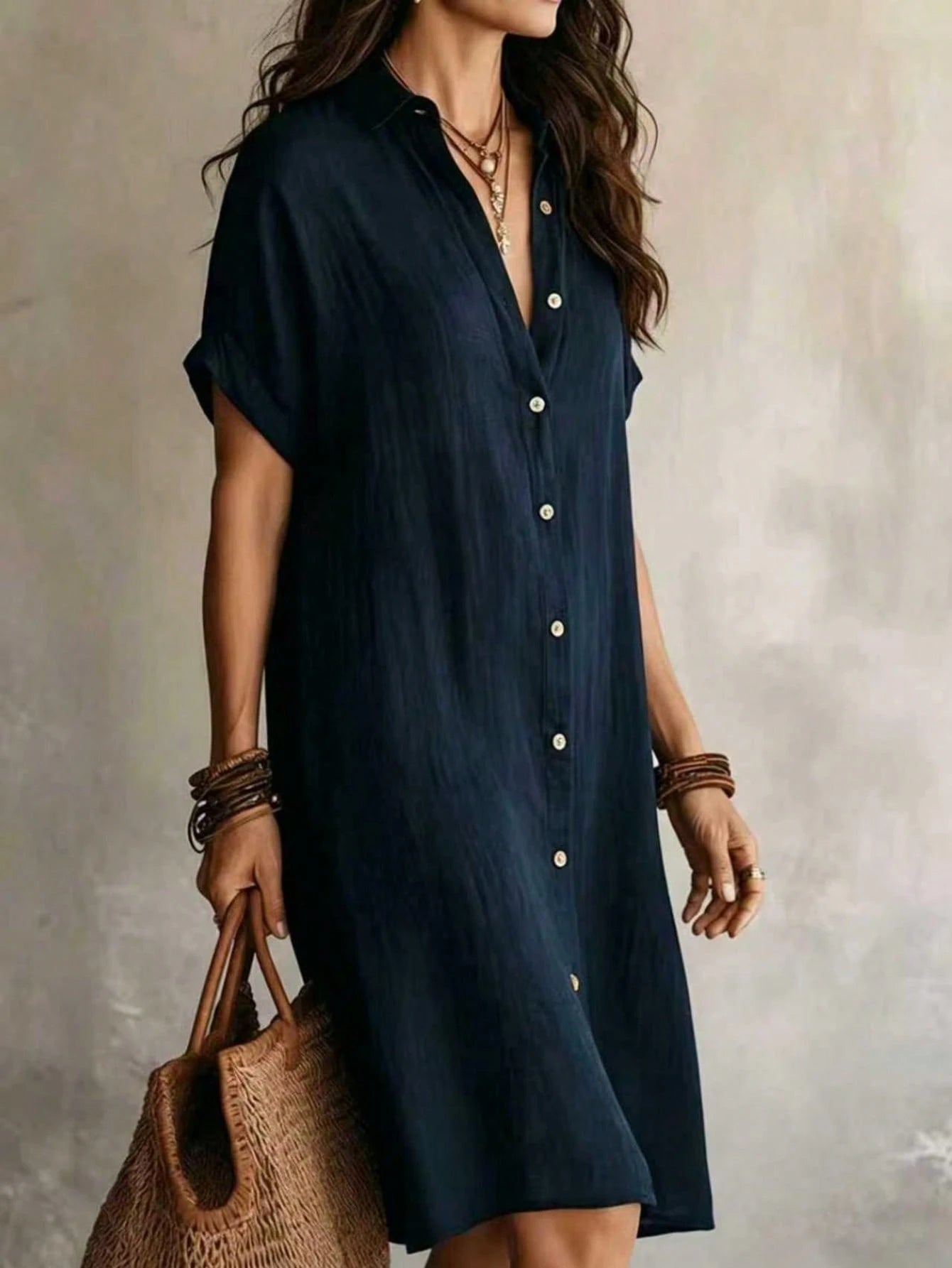 Women's Casual Ivory Woven Shirt Dress, Collared Short Sleeve Front Button Design, Asymmetric Hemline, Knee Length Elegant Summer, Quiet Luxury, Work To Weekend