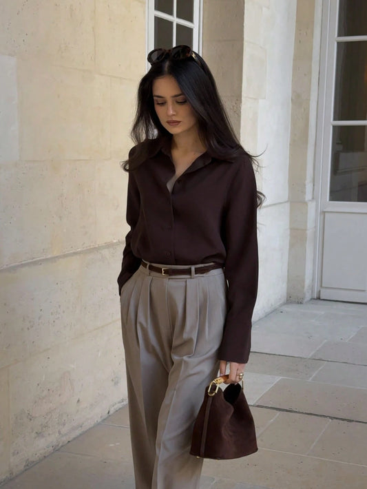 Women's Casual Loose Elegant Polo Collar Long Sleeve Shirt, Minimalist Style, Suitable For All Seasons, Perfect For Commuting, Office And Home Wear