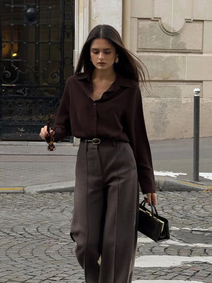 Women's Casual Loose Elegant Polo Collar Long Sleeve Shirt, Minimalist Style, Suitable For All Seasons, Perfect For Commuting, Office And Home Wear