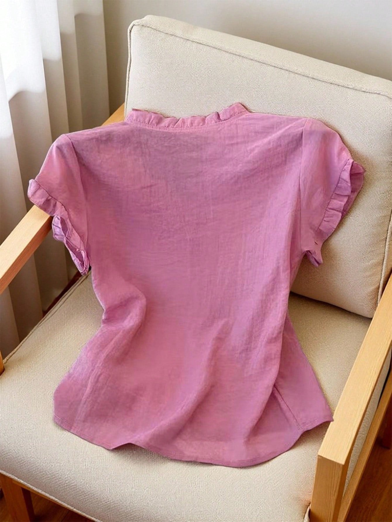 Women's Casual Purple Frill Collar Short Sleeve Buttoned Blouse