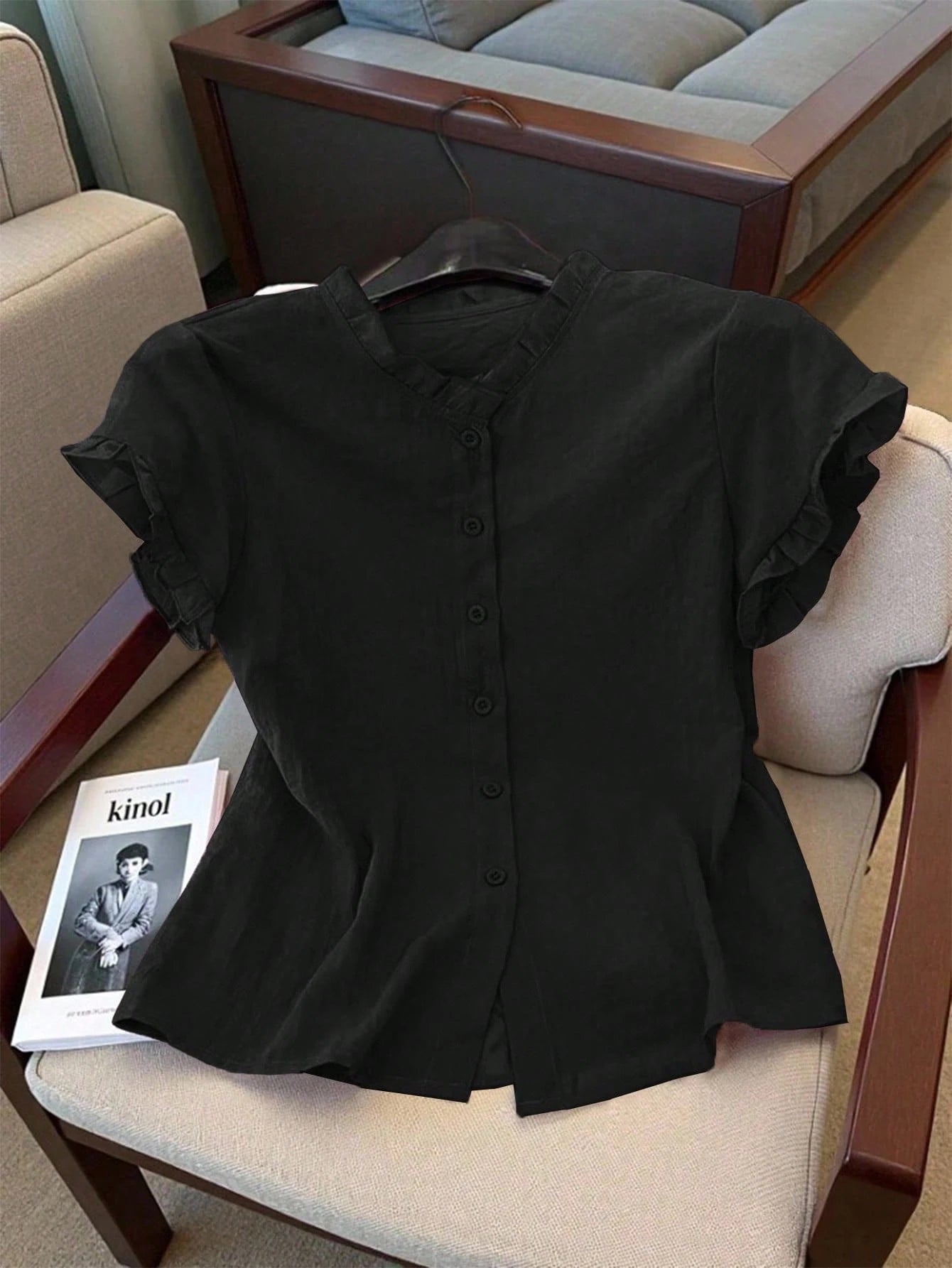 Women's Casual Purple Frill Collar Short Sleeve Buttoned Blouse