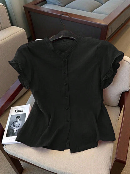 Women's Casual Purple Frill Collar Short Sleeve Buttoned Blouse