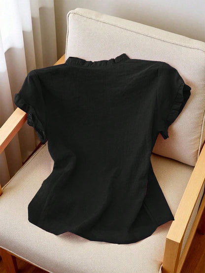 Women's Casual Purple Frill Collar Short Sleeve Buttoned Blouse