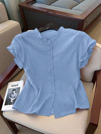Women's Casual Purple Frill Collar Short Sleeve Buttoned Blouse