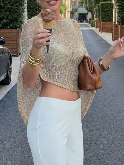 Women's Casual Sexy Shiny Lightweight Solid Color Hollow Out Knitted Cover Up Top, Batwing Sleeve Asymmetric Hem Cape Style Cover Up, Summer Vacation Beach, Music Festival Country Holiday Casual Stree