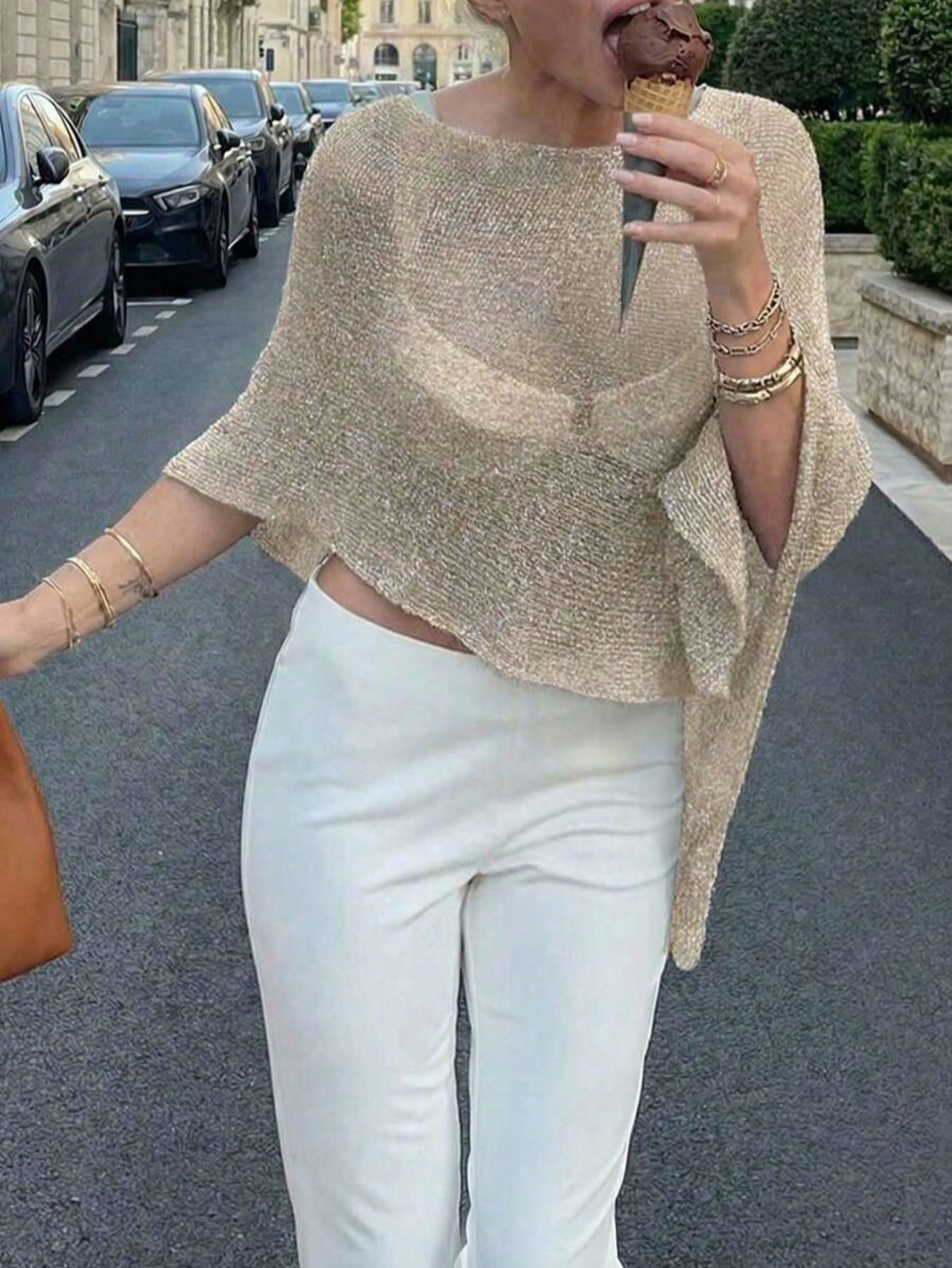 Women's Casual Sexy Shiny Lightweight Solid Color Hollow Out Knitted Cover Up Top, Batwing Sleeve Asymmetric Hem Cape Style Cover Up, Summer Vacation Beach, Music Festival Country Holiday Casual Stree