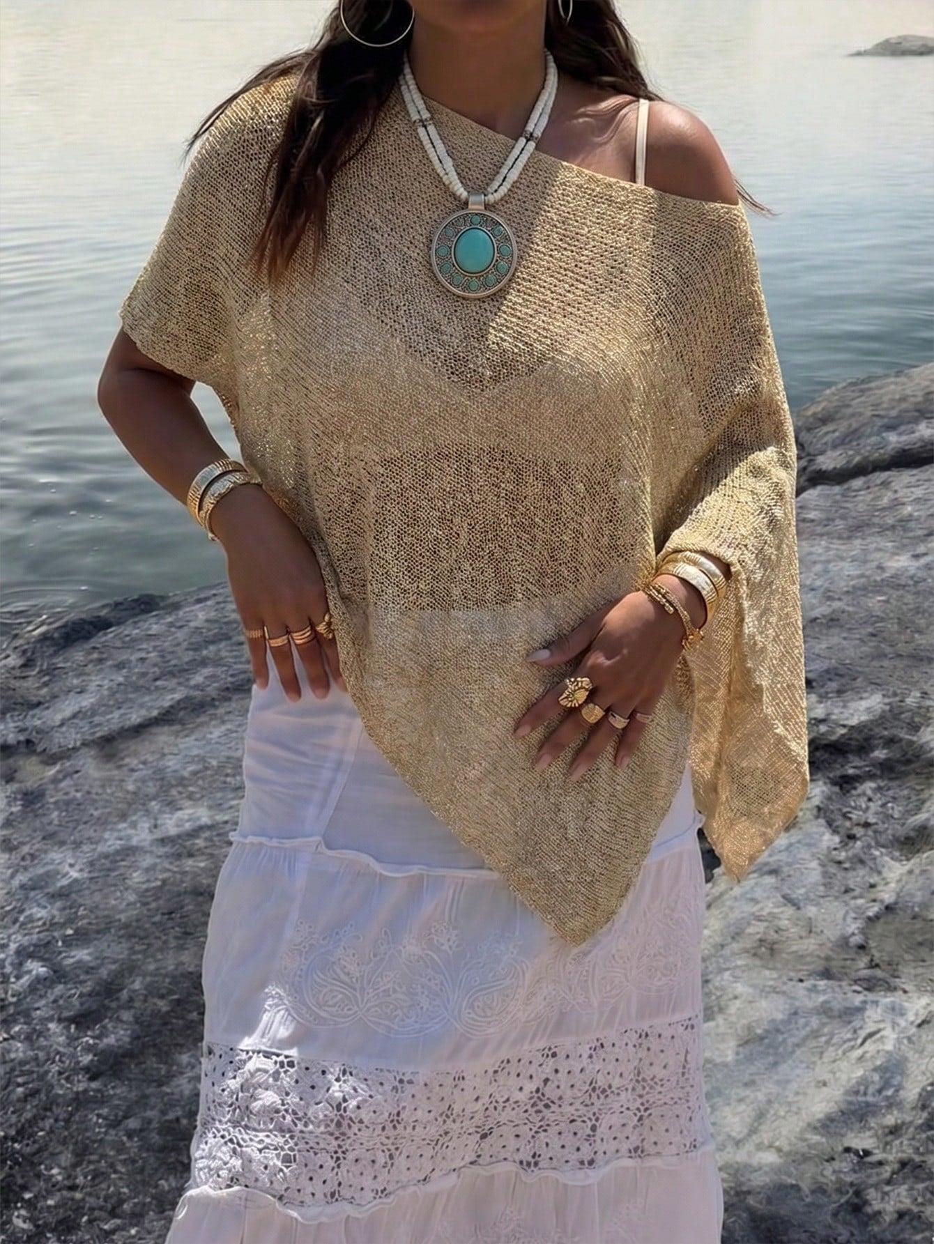 Women's Casual Sexy Shiny Lightweight Solid Color Hollow Out Knitted Cover Up Top, Batwing Sleeve Asymmetric Hem Cape Style Cover Up, Summer Vacation Beach, Music Festival Country Holiday Casual Stree