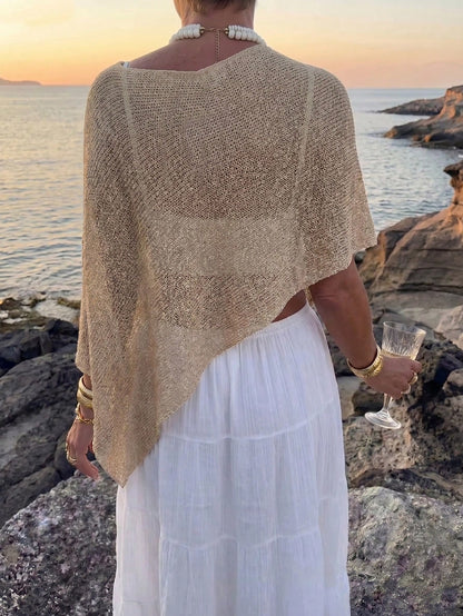Women's Casual Sexy Shiny Lightweight Solid Color Hollow Out Knitted Cover Up Top, Batwing Sleeve Asymmetric Hem Cape Style Cover Up, Summer Vacation Beach, Music Festival Country Holiday Casual Stree