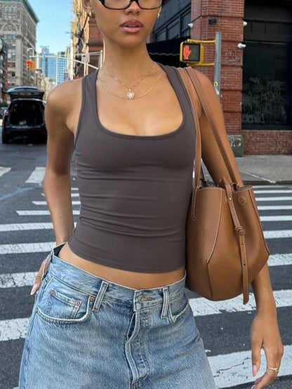 Women's Casual Solid Color Fitted Crop Top, Sexy Spaghetti Strap Midriff-Baring Streetwear For Daily Wear And Vacation Summer