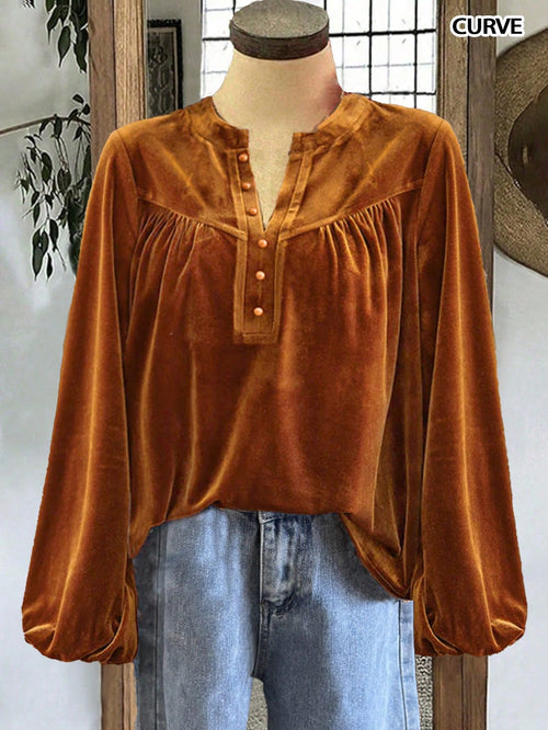 Women's Casual Solid Color Loose Fit Button Decor V-Neck Long Sleeve Shirt, Suitable For Autumn & Winter, Halloween Shirt, Brown Shirt
